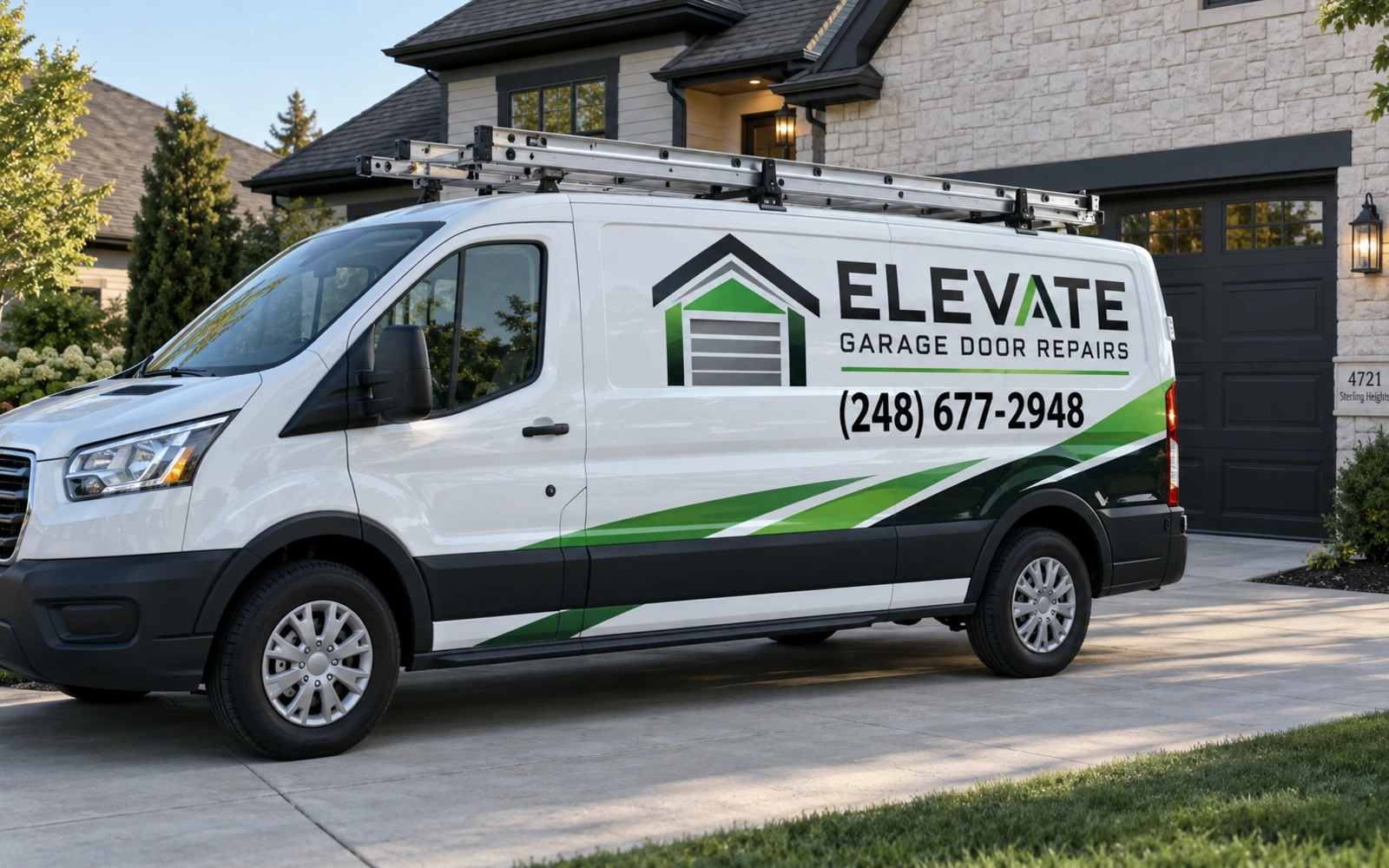 Full view of Elevate Garage Door Repairs branded service van in Sterling Heights